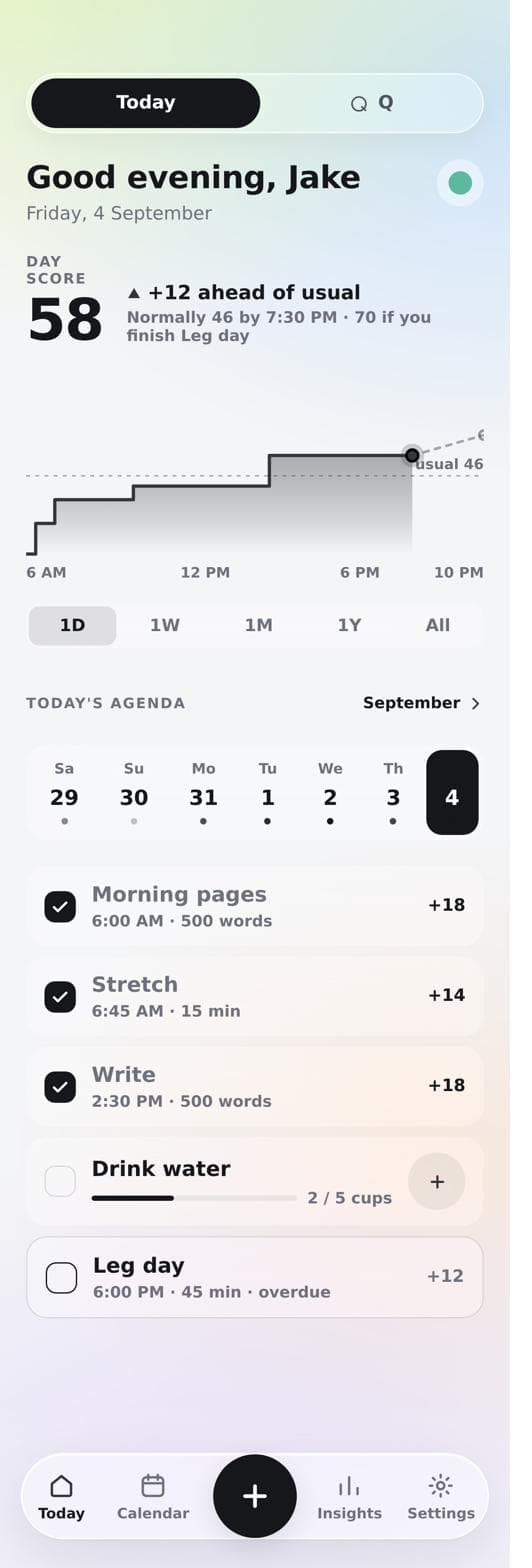 The HabitX Today screen: a Day Score of 58, a progress curve through the day, and today's agenda of habits.