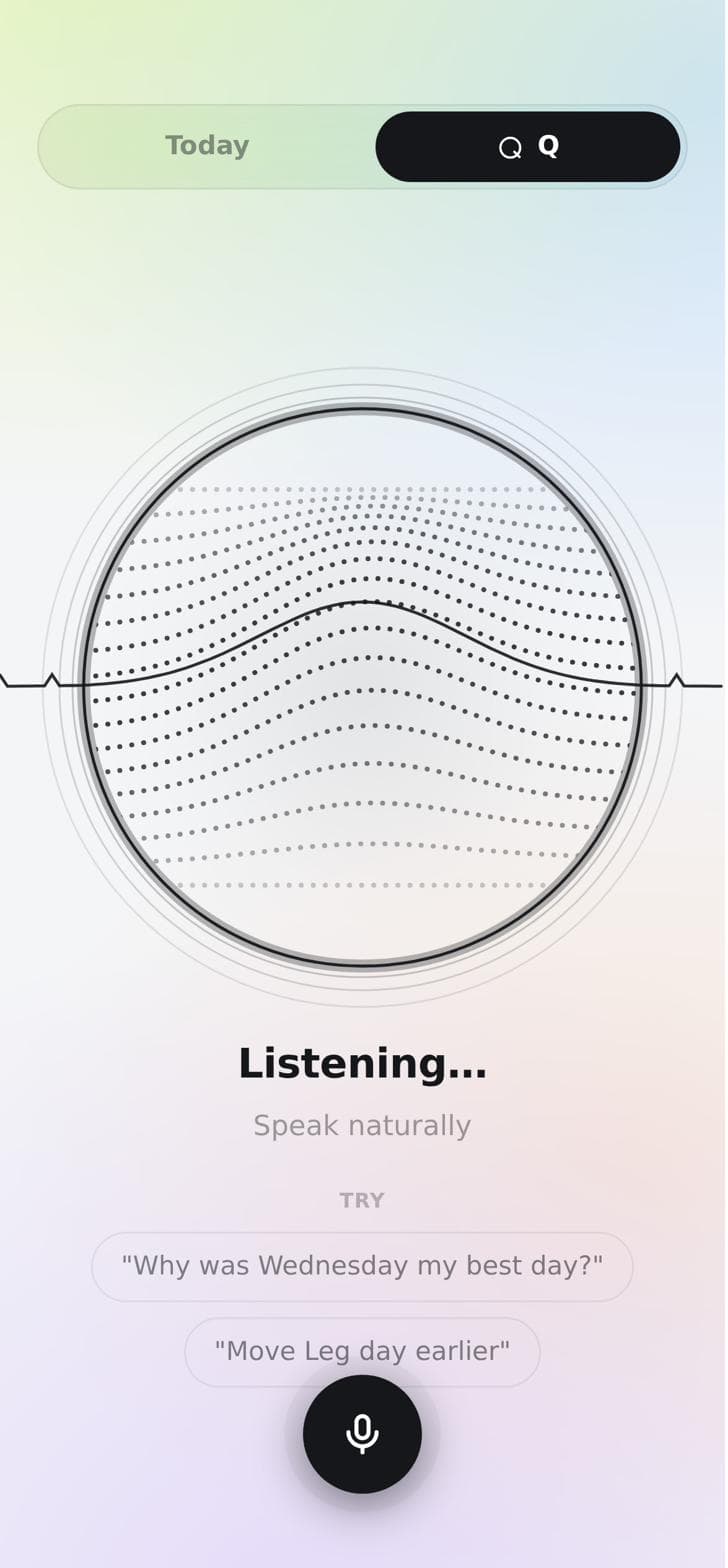 Q listening on the HabitX Q tab, with a waveform and the prompt to ask about your week.