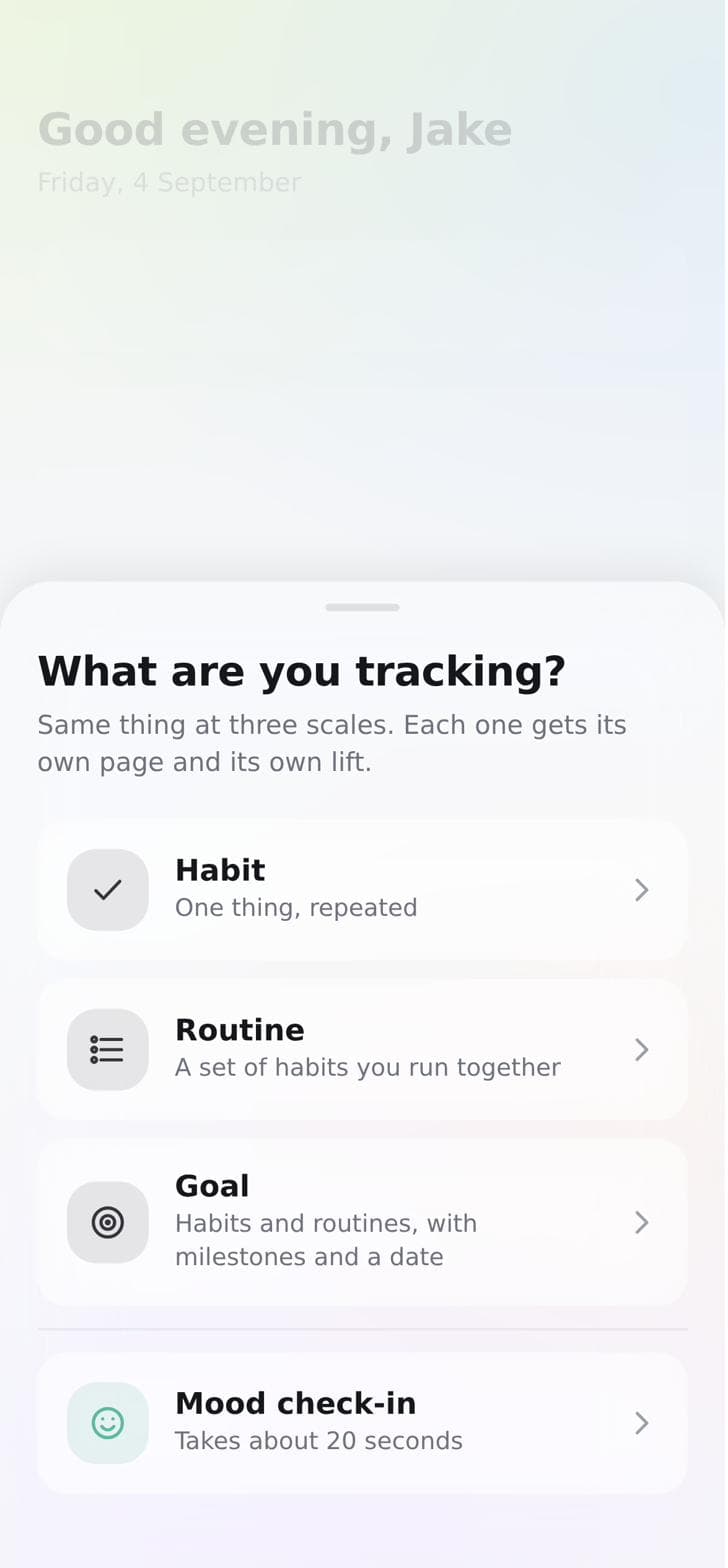 The HabitX create sheet offering a habit, routine, goal or mood check-in.